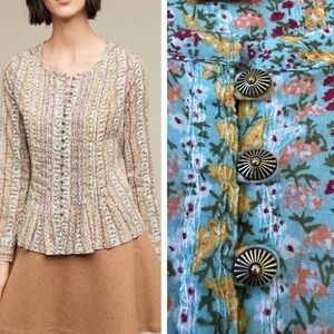 Anthropologie Maeve 100% Cotton Gelise Floral Pintuck Long Sleeve Blouse Medium